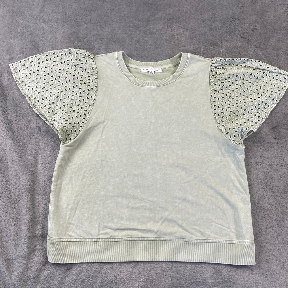 Jane Delancey Top Womens M Green Acid Wash Eyelet Lace Puff Sleeve Boho Romantic